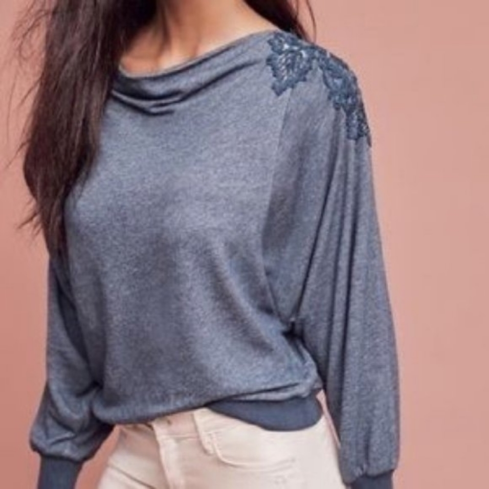 💘 ANTHRO Meadow Rue Bria Teal Lace-Back Sweatshirt - Picture 2 of 8